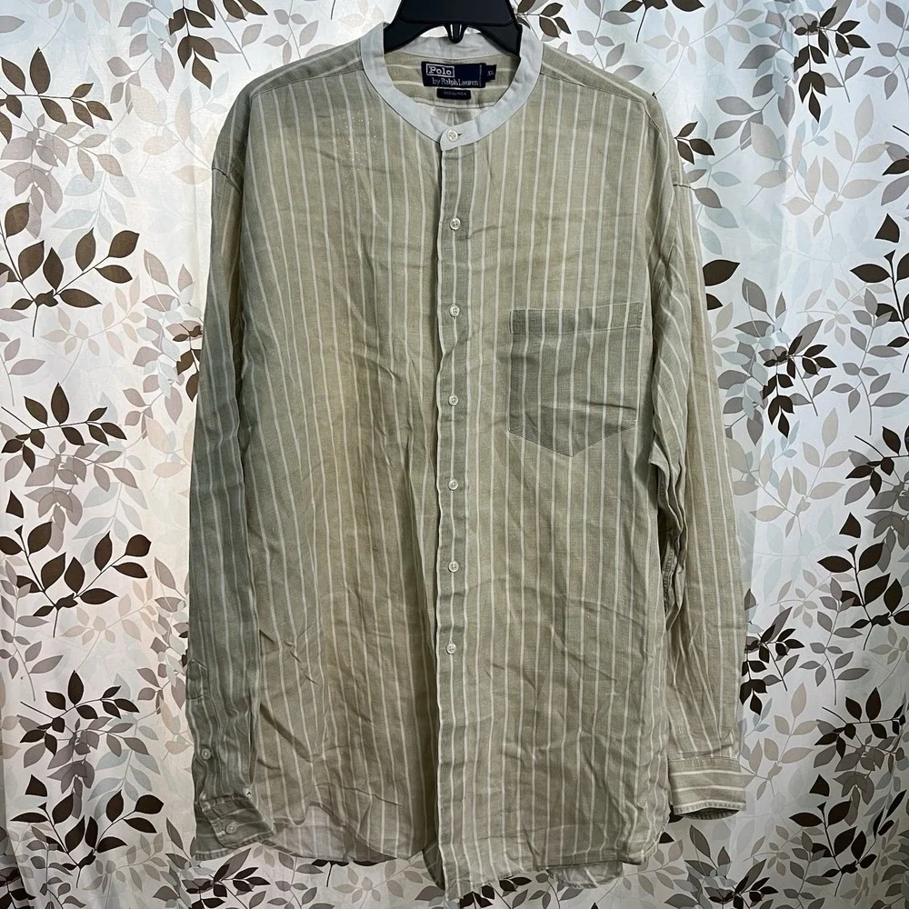 Vintage Polo Ralph Lauren Linen Band Collar Grandad Shirt XL Beige White Stripe
